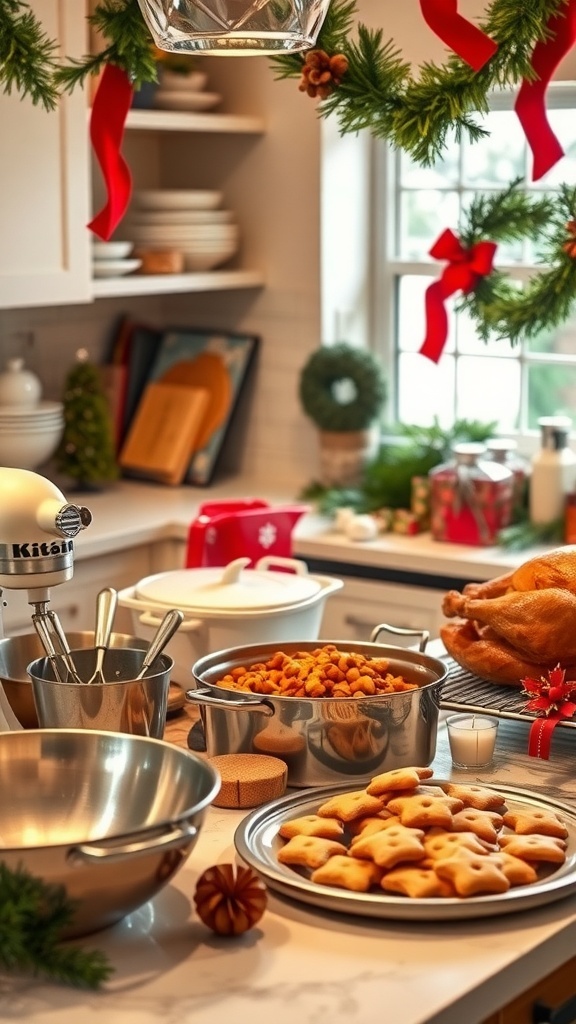 A festive kitchen with essential cooking tools and a spread of Christmas cookies and turkey.